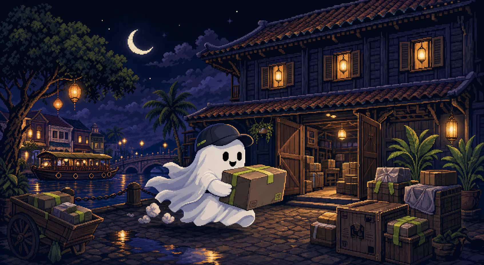 Pixel-art Tau courier carrying a parcel through Sendtau's founding-era Melaka depot