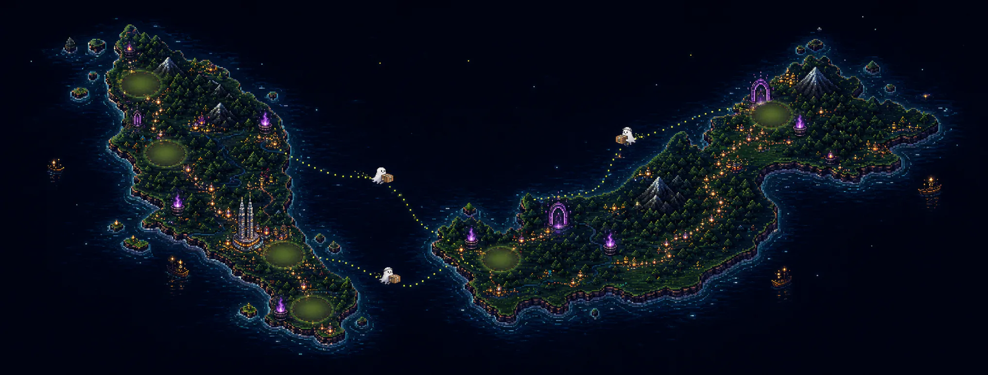 Pixel-art supernatural logistics map of Malaysia with courier routes between Peninsular Malaysia, Sabah, and Sarawak