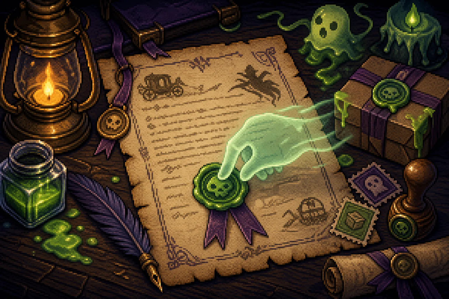 Pixel-art ghost hand sealing Sendtau's original service charter on an archival desk