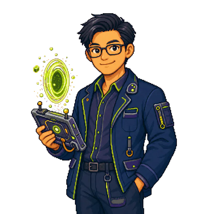 Pixel art portrait of Felix Tan operating a portable portal console
