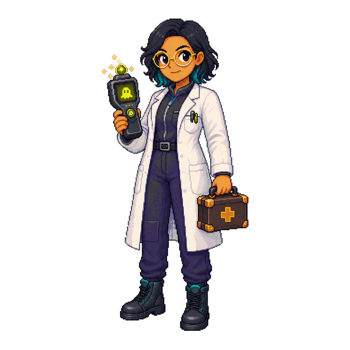 Pixel art portrait of Dr. Maya Vale with supernatural safety equipment