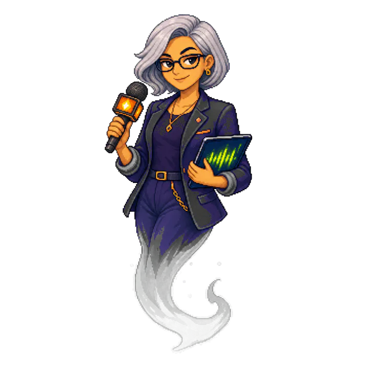 Pixel art portrait of Nina Lux holding a microphone and media tablet