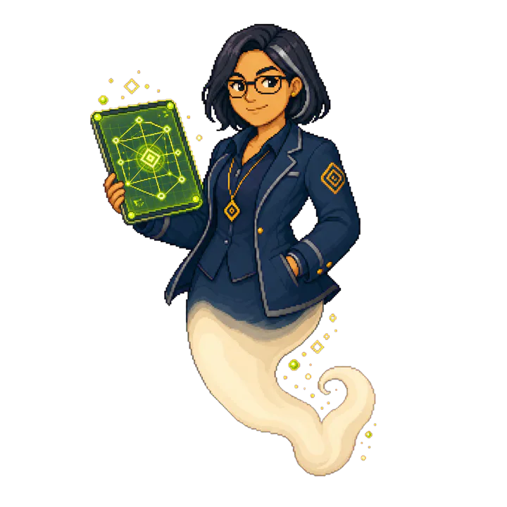Pixel art portrait of Vera Voss holding a dimensional strategy map