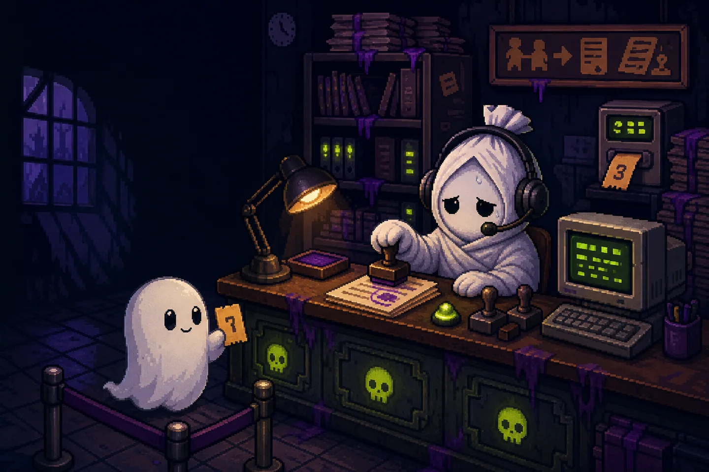 Pixel-art haunted complaints counter with a Pocong case officer and Tau mascot