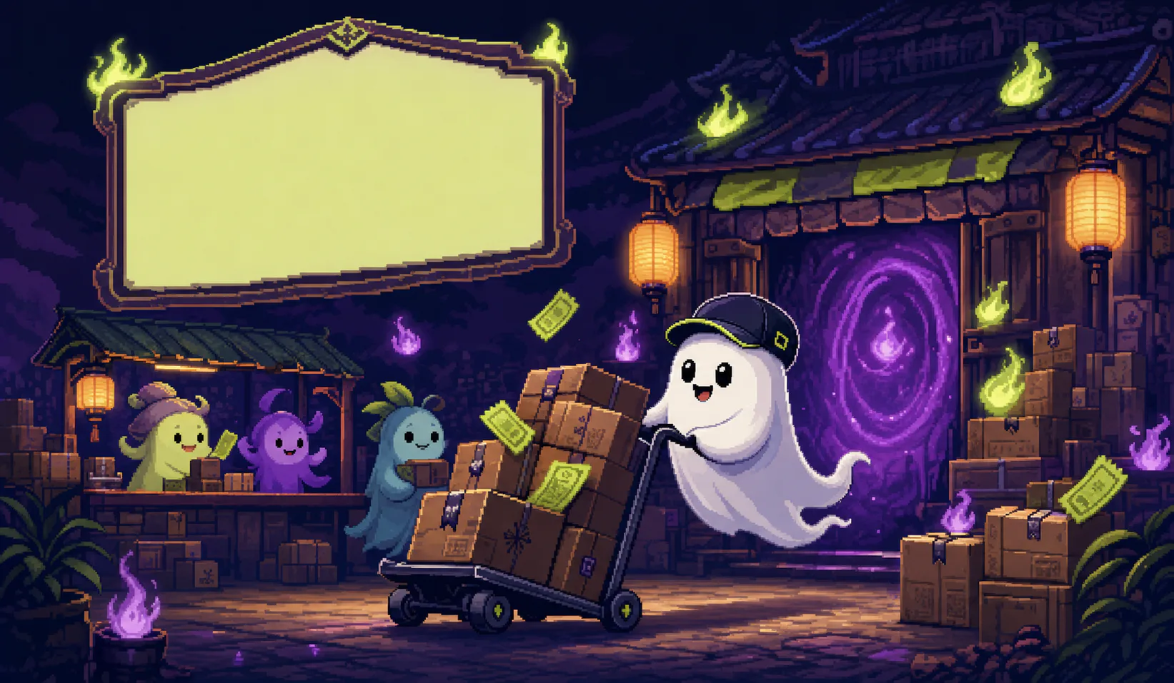 Pixel-art Tau courier rushing discounted supernatural parcels through a Hungry Ghost Festival night market