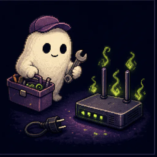 Pixel-art spectral support technician repairing a harmless haunted router