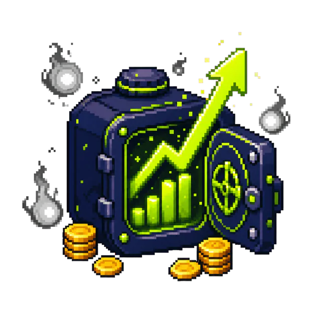 Pixel art haunted investment vault with a rising chart