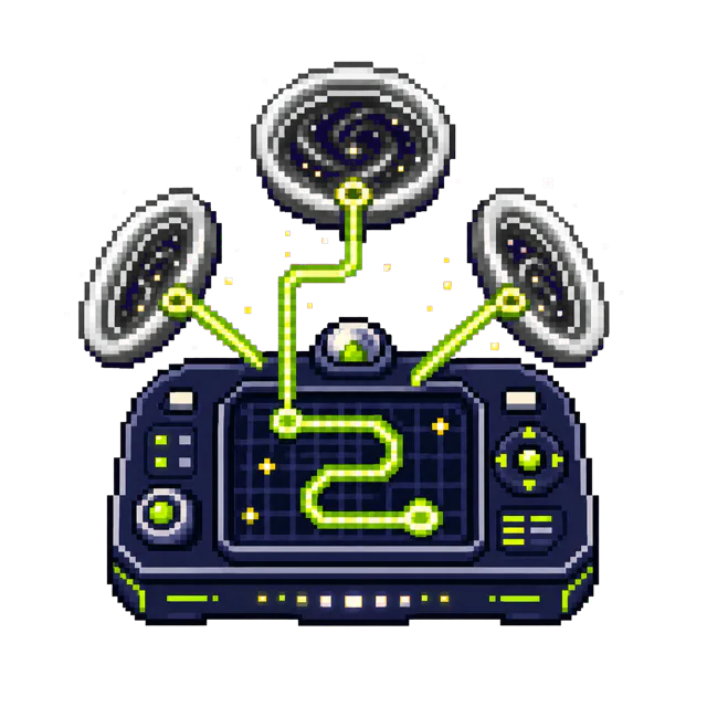 Pixel art routing console linking three dimensional portals
