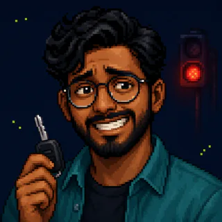 Pixel-art portrait of Kumar holding a car key