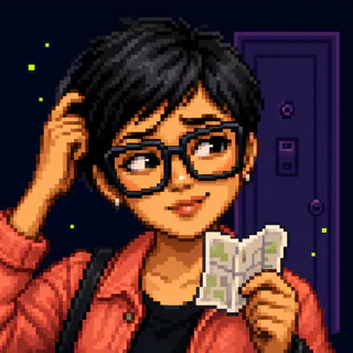 Pixel-art portrait of Melissa holding an apartment map