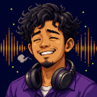 Pixel-art portrait of Sham wearing headphones